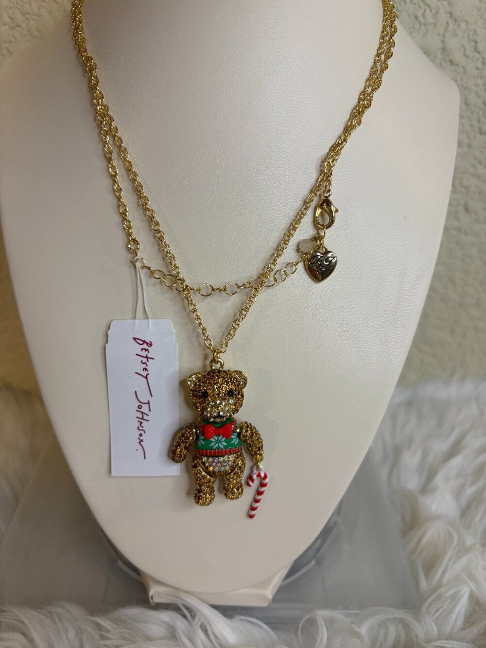 Betsey Johnson Christmas Teddy Bear Rhinestone Candy Cane Pendant Necklace NWT